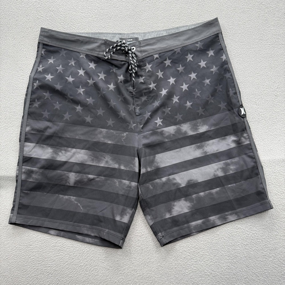 Hurley Board Shorts Mens 38 Gray USA Flag Swim Trunks Stretch Quick Dry